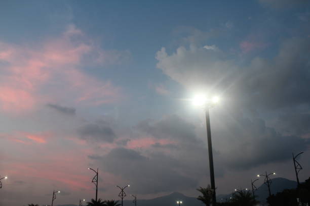 sunset with garden lights on