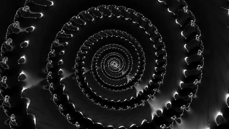 Flying through black and white fractal tunnel. Silver metal background animation