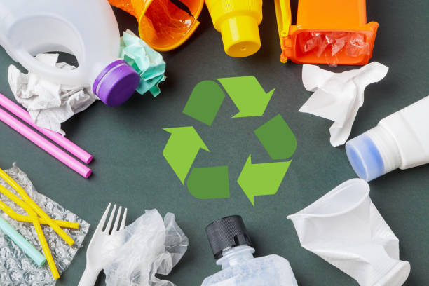 istock Eco concept with recycling symbol on table background top view 2148852880