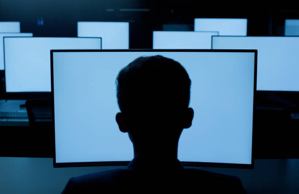 istock Person, desktop or blue screen at night in information technology lab with back of developer or programmer. Software development, networking and system administration for computer or connection 2148853342