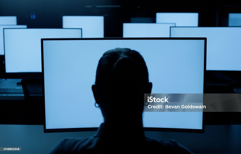 Back Of Person Computers Or Screen At Night In Information Technology ...