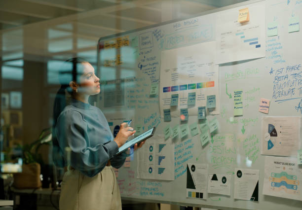 istock Tablet, thinking and business woman planning whiteboard presentation in office for schedule, goal or calendar. Agenda, idea or leader with creative, vision or digital research for storyboard mind map 2148853374