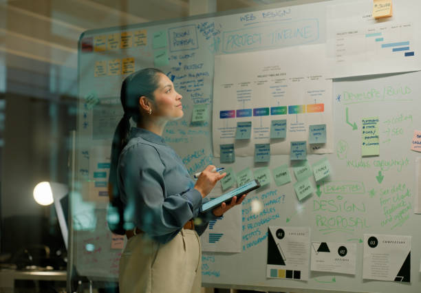 Thinking, tablet and business woman planning whiteboard presentation in office for schedule, goal or calendar. Agenda, idea or leader with creative, vision or digital research for storyboard mind map