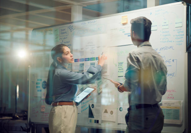 window, teamwork and whiteboard for brainstorming in meeting, business people with tablet and digital notes with agenda storyboard. information, ideas with research and calendar for project schedule - bedrijfsstrategie fotos stockfoto's en -beelden