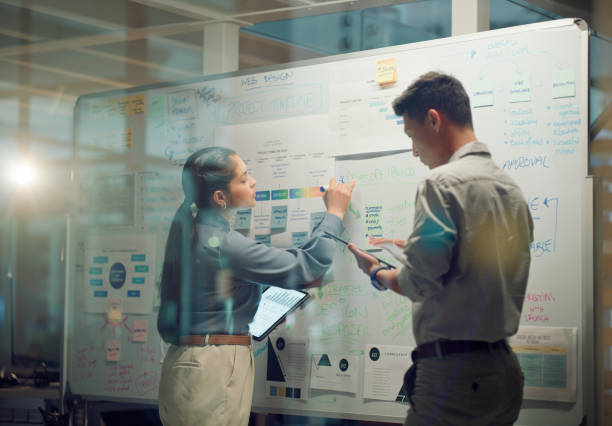 istock Window, teamwork and whiteboard for planning in meeting, business people with tablet and data analytics with agenda storyboard. Information, people with research and calendar for project schedule 2148853414