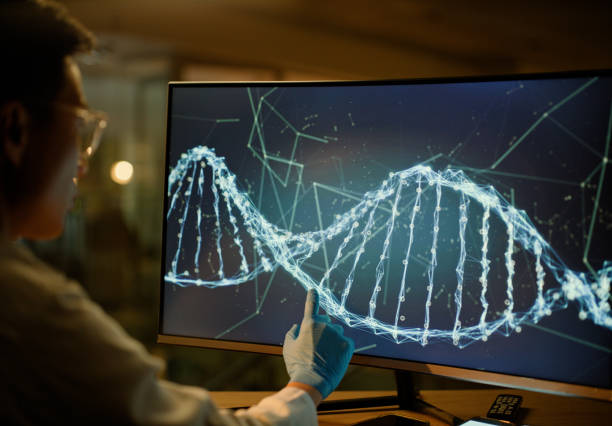 istock Man, computer screen and dna ​for lab research for gene therapy or anti aging science, futuristic or innovation. Male person, pointing and double helix for medical technology, chromosome or mutation 2148853415