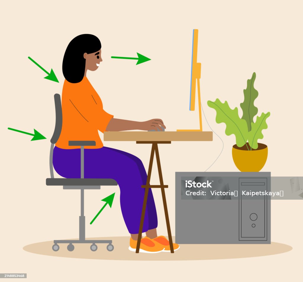 Correct Pose Computer Right Correct Posture For Sitting At Computer Desk Stock Illustration ...