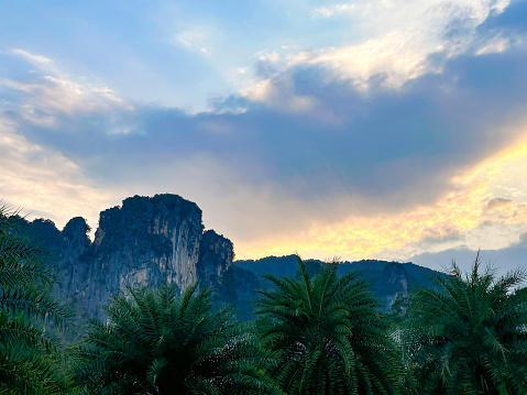 Serene sunset view over tropical palms and dramatic cliffs under a vibrant sky, ideal for travel and nature themes