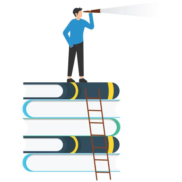 Vector illustration of Business skills for career opportunity, Knowledge or education for future job, Challenge and personal improvement, Reading list, Climb up ladder on books, Stack for good vision