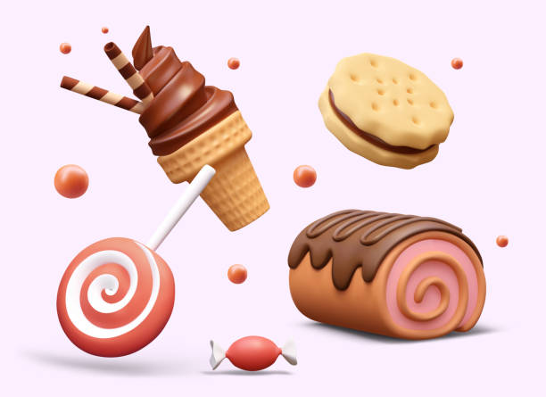 istock Vector composition of 3D desserts. Swiss roll, cookie sandwich, candy, spiral lollipop, ice cream 2148855409