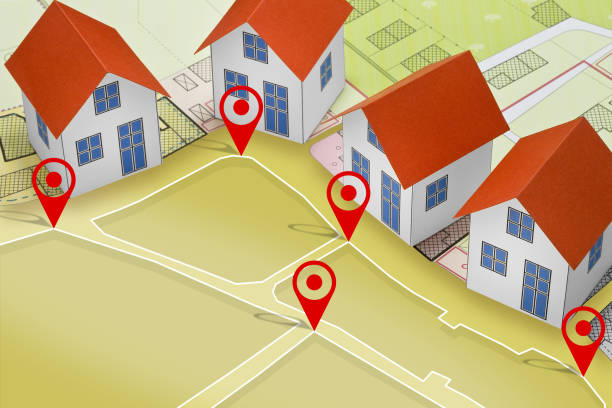 istock Land plot management - Real estate concept with a vacant land and cadastral parcel available for building activity and construction industry with residential home model 2148855646