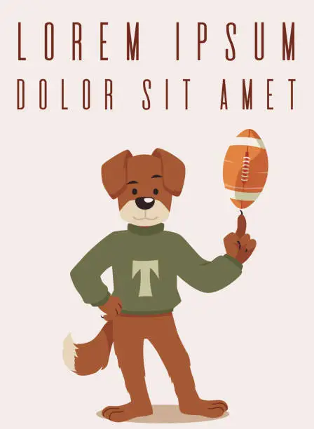 Vector illustration of American college football mascot dog, cute pet player in uniform holding ball sport game animal ambassador vector poster