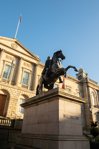 The Duke of Wellington statue (1852) at Register House, Princes St, Edinburgh, Scotland, UK. Wellington is mounted on his favourite horse, Copenhagen.
