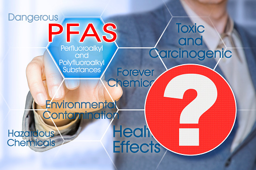 Doubts and uncertainties about dangerous PFAS Perfluoroalkyl and Polyfluoroalkyl Substances used due to their enhanced water-resistant properties - Concept with question mark.