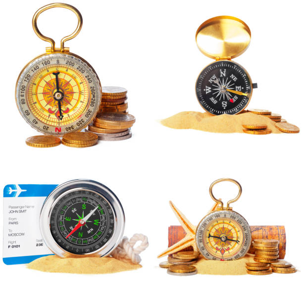 Vintage compass isolated on white background collage