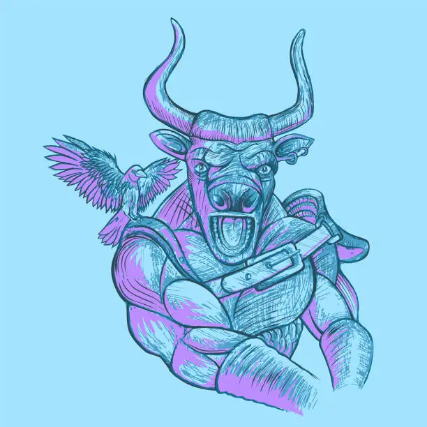 Vector illustration of Minotaur Fighter Sketch with Raven