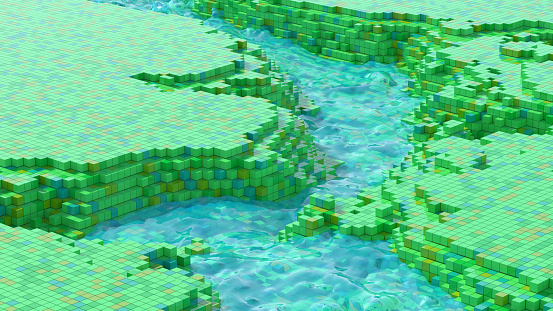 River flowing in a digital pixelated landscape, 3D render.