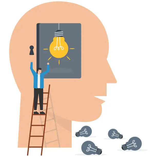 Vector illustration of Wisdom, knowledge or creativity to solve problems, intelligence, literature or education to success in work, Climb up ladder to replace new creative ideas, Climb on the brain in his head