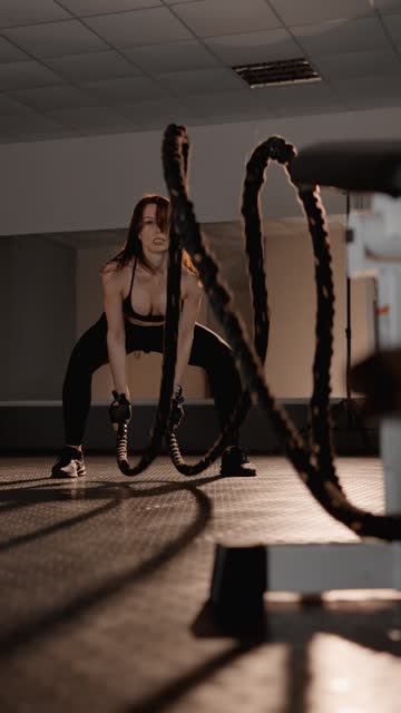 Sporty motivated woman focuses on performing exercises with heavy ropes, striving to achieve best results in fitness. Her determination and confidence create atmosphere dedication and self-discipline