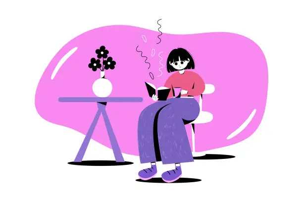 Vector illustration of Vector illustration of girl reading book with cup of coffee at table. Sitting girl in hand draw flat style. Table with flowers in a vase.Pink, black and purple colors.