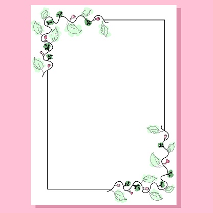 The image consists of a decorated border for a vertical card, the border has a vine with leaves and flowers, painted with a watercolor effect in soft colors. The edge is delicate, and beautiful