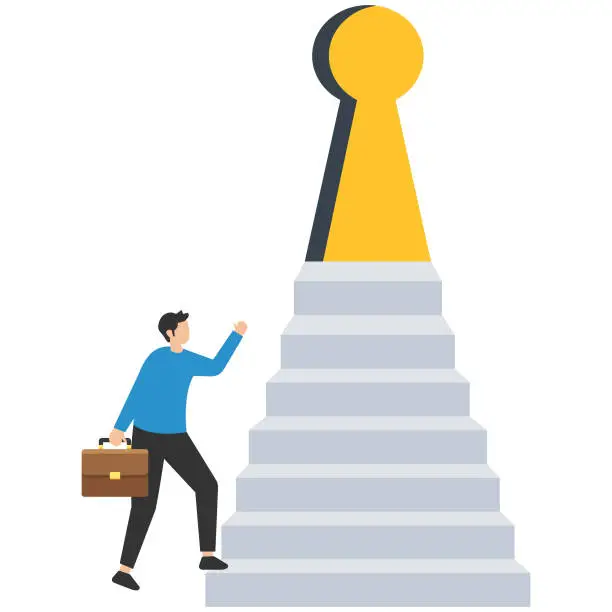 Vector illustration of Business opportunity or ladder of success, Challenge ahead for career development, Personal improvement, Motivation and inspiration, Climbing up ladder through secret keyhole