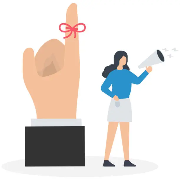 Vector illustration of Finger string reminder, Don't forget to remember, Assistance or secretary to remind important events, Assistance tie red string on boss finger, Use megaphone to remind him