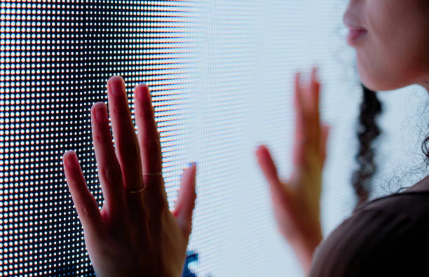 istock Woman, hand and touch with screen, interaction and modern multimedia kiosk for information. Person, technology and digital display for knowledge, question and electronic board with closeup terminal 2148862233