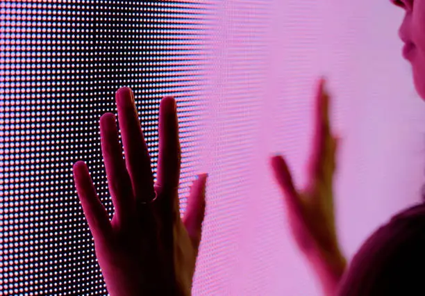 Hand, touch and digital with screen, interaction and modern multimedia kiosk for information. Person, technology and display for knowledge, question and electronic board with closeup terminal Hand, touch and digital with screen, interaction and modern multimedia kiosk for information. Person, technology and display for knowledge, question and electronic board with closeup terminal