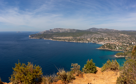 Birdseye view of Cassis and surroundings from hiking viewpoint in France