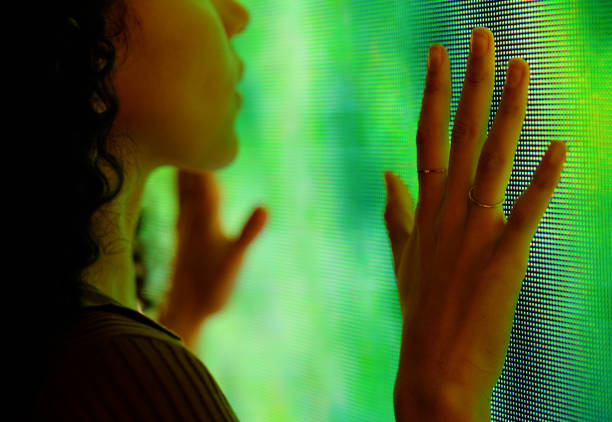 istock Woman, hands and touch with screen, interaction and modern multimedia kiosk for information. Person, technology and display for knowledge, question and electronic board with closeup terminal 2148862259