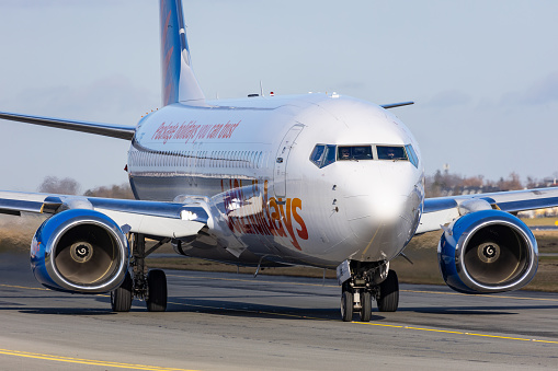 Salzburg, Austria - January 27, 2024: Modern Boeing 737 airliner of british tourism airline Jet2 Holidays