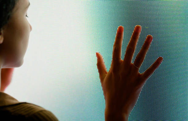 istock Hand, touch and exhibition with screen, interaction and modern multimedia kiosk for information. Person, technology and display for knowledge, question and electronic board with closeup terminal 2148862291