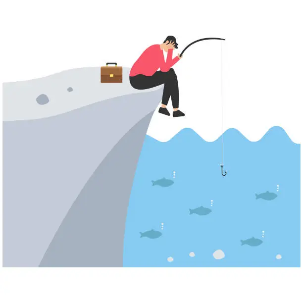 Vector illustration of Fail to see opportunity, Uninspired employee stuck to find creativity, motivation, Corporate success or challenge, Bored woman blindly sit and fishing at wrong place, ignore success opportunity