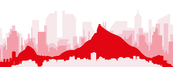 Red panoramic city skyline poster with reddish misty transparent background buildings of RIO DE JANEIRO, BRAZIL