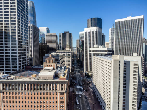 Aerial view of downtown San Francisco during springtime day from the Ferry building and Harry bridges Plaza