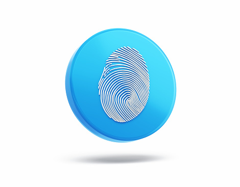 3d Render Fingerprint Sign inside Blue Round Button, criminal, investigation, protection, security clutches,  Object + Shadow Path
