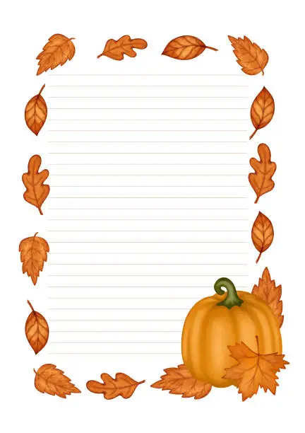 Vector illustration of Autumn paper blank template with fall season leaves and pumpkin