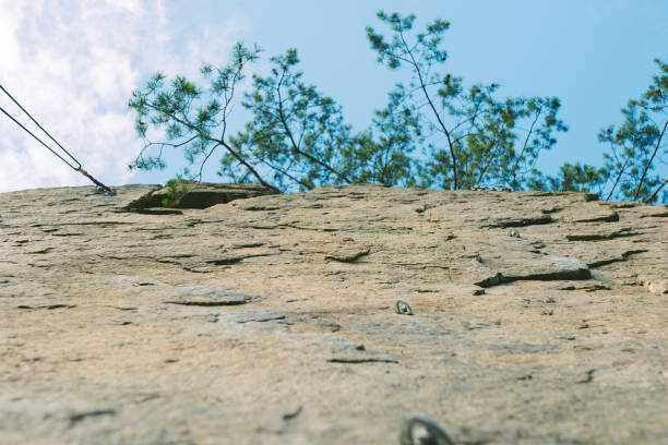 Mountain climbing wall. Training area for outdoor activities. No people. Blue sky.
