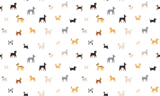 Seamless pattern with walking dogs of different breeds. Side view.  Flat Vector illustration