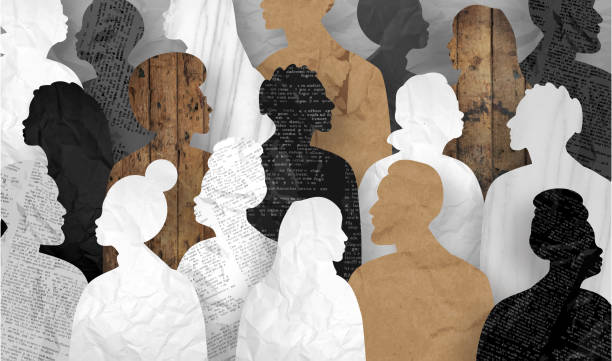 istock Large Crowd of diverse people side view silhouettes with newspaper, crumpled paper, marble and wood textures both men and women 2148865510