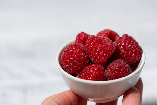 fresh raspberries in a white bowl in hand, closeup