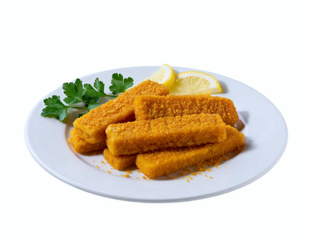 istock Fish fingers in a plate isolated on white background. Crispy breaded deep fried fish fingers with breadcrumbs on a plate isolated . 2148866423