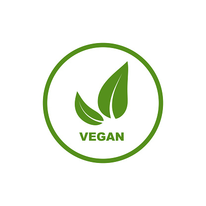 Vegan food diet icon. Organic, bio, eco symbol. Vegan, no meat, lactose free, healthy, fresh and nonviolent food. Round green vector illustration with leaves for stickers, labels and logos