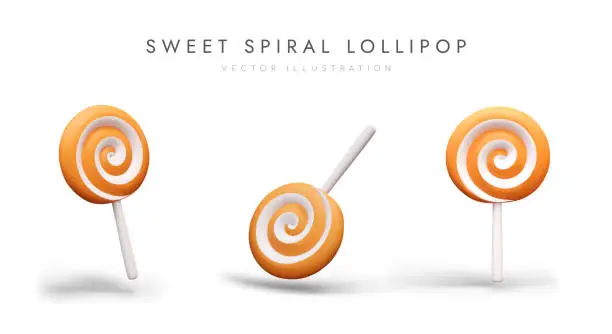 Vector illustration of Set of realistic lollipops. Spiral white orange caramel candy on stick