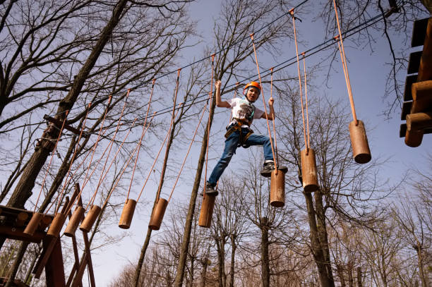 istock A boy in a helmet climbs a rope park in the spring 2148867699
