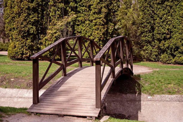 Landscape with Rustic Wooden Bridge and Trees, Poets Walk Park, Red Hook, Hudson Valley, New York, USA.  Canon EOS 6D Full Frame Sensor Camera, Canon EF 24-105mm F/4L IS lens. Polarizing Filter.