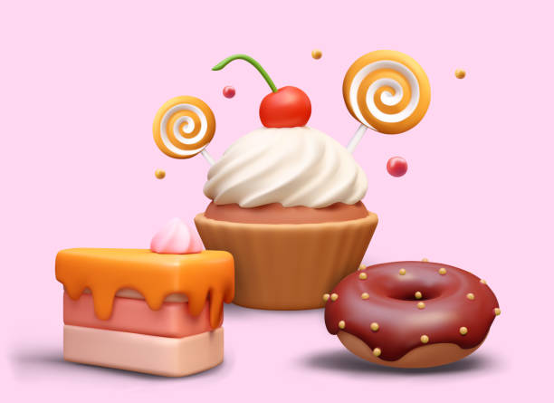 istock Realistic muffin with white cream, cake with orange fruit jam, and chocolate donut 2148868125
