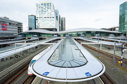 Utrecht, Netherlands - February 13, 2024: View of modern railway platforms on Utrecht Central Station.