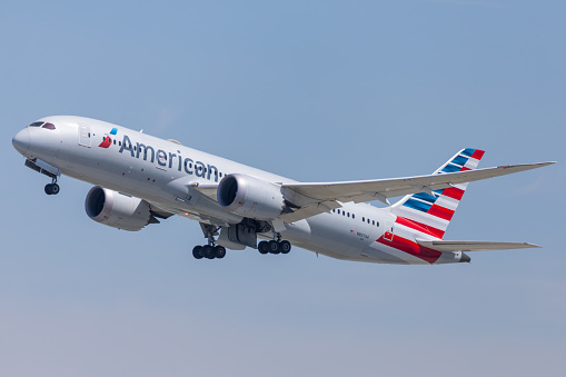 Los Angeles, California, USA - April 7, 2024: American Airlines Boeing 787-8 Dreamliner departing Los Angeles International Airport.